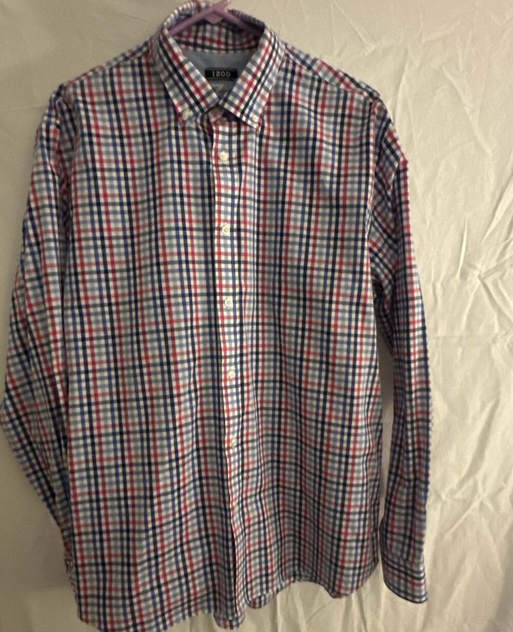IZOD Men's Stretch Slim Fit Plaid Long Sleeve Button Down Shirt Red Blue Size 17